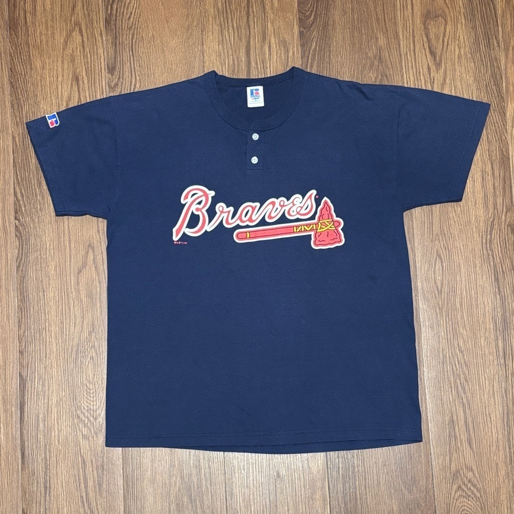 VTG 1999 Atlanta Braves Russell Athletic Tee XL Navy MLB Spellout USA